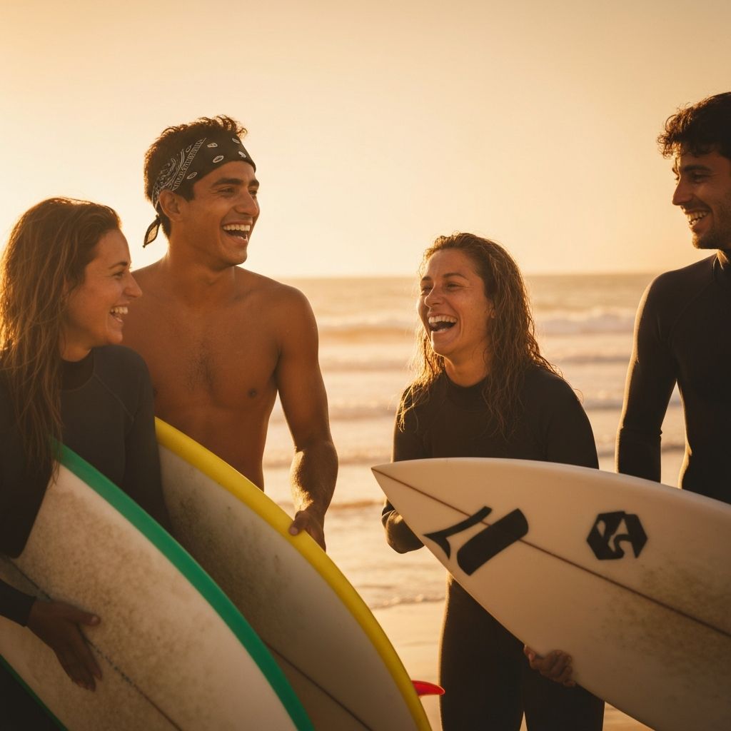 Surfers laughing on the beach at sunset