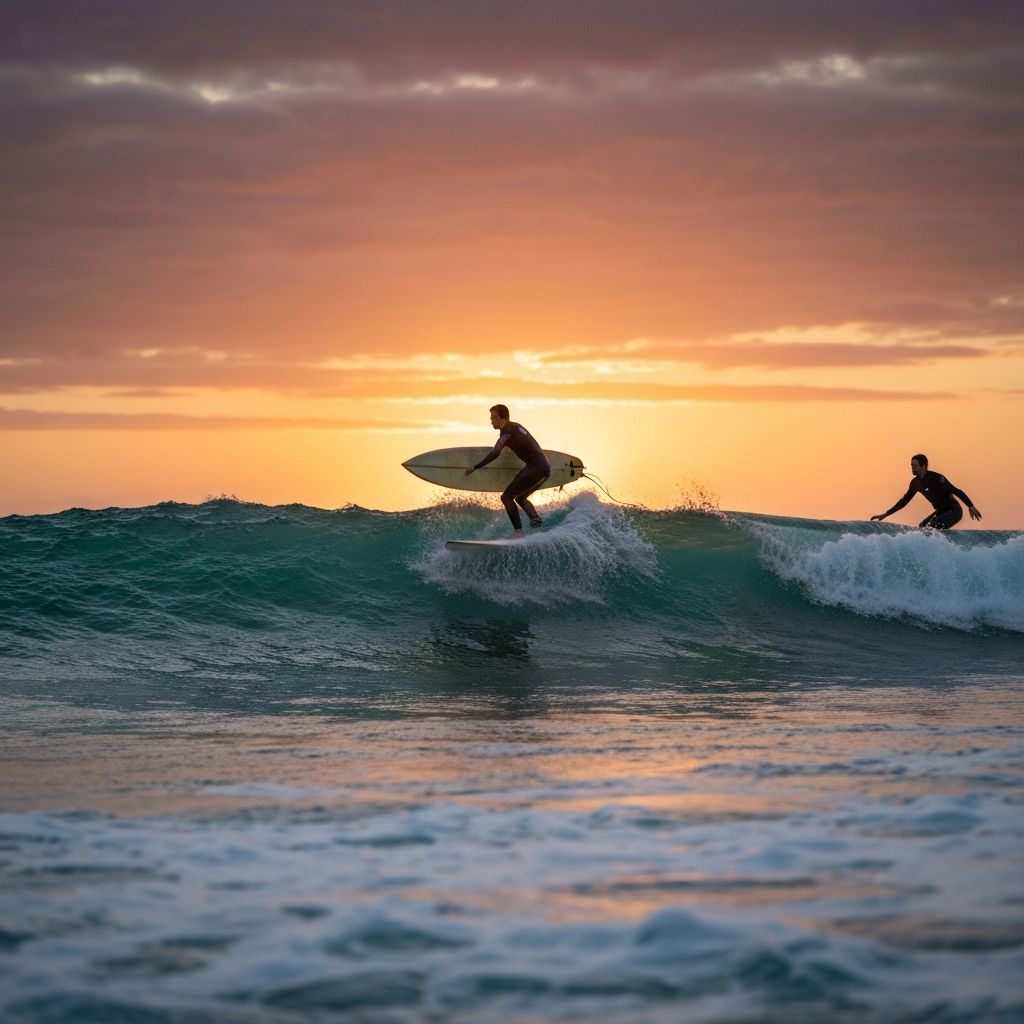 Surfers riding waves at sunset in Morocco